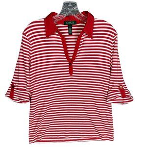 Lauren Ralph Lauren Womens Red White Stripe Top Large Cotton V Neck Preppy